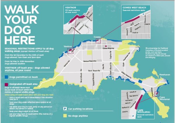 A map of Phillip Island showing where dogs can be walked.