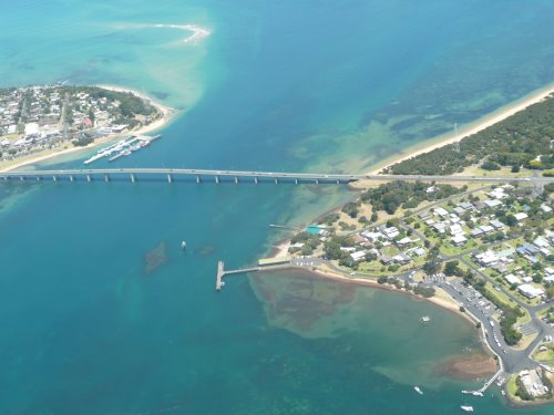 The bridge joining Phillip Island to the mainland at San Remo as seen from the air