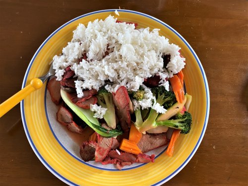 Take away gluten free pork and vegetables from Wing Ho Chinese Restaurant, Cowes.
