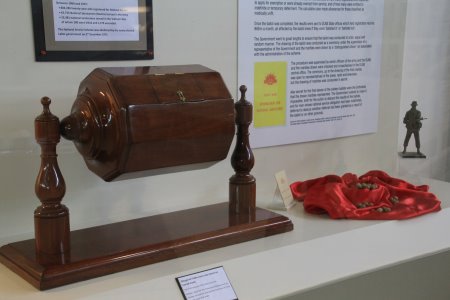 National Service ballot barrel and marbles. The National Service Ballot Barrel and Marbles used in Australia for conscription for the Vietnam War.