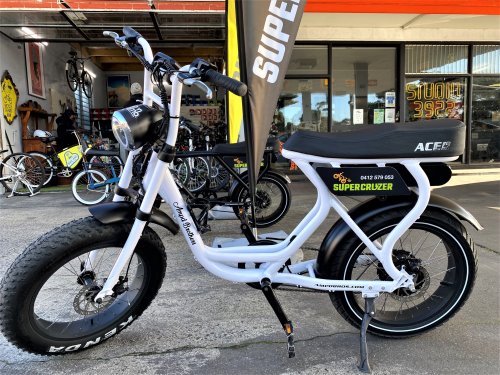 A Super Cruzer E-bike in front of the bike hire store, Phillip Island.