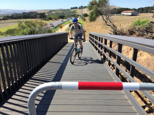 Hard work up a steep hill on the bike path between Anderson and San Remo.