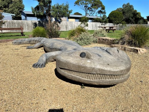 Koolasuchus cleelandi at Wallace Reserve, Inverloch. A life-sized replica of Koolasuchus cleelandi at Wallace Reserve, Inverloch.