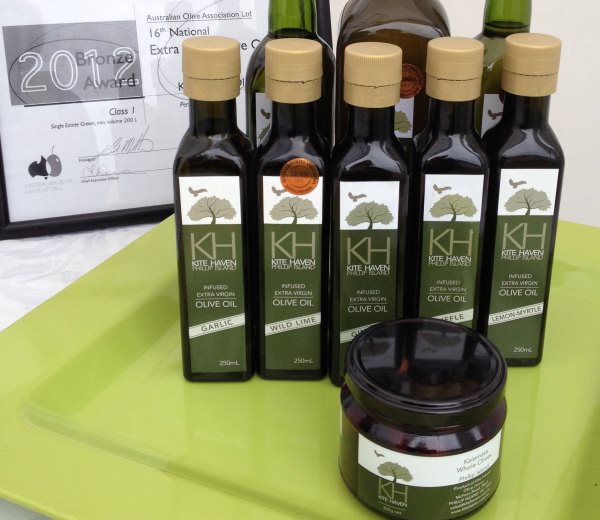 Selection of olive oils from Kite Haven Olive Oil, Rhyll, Phillip Island