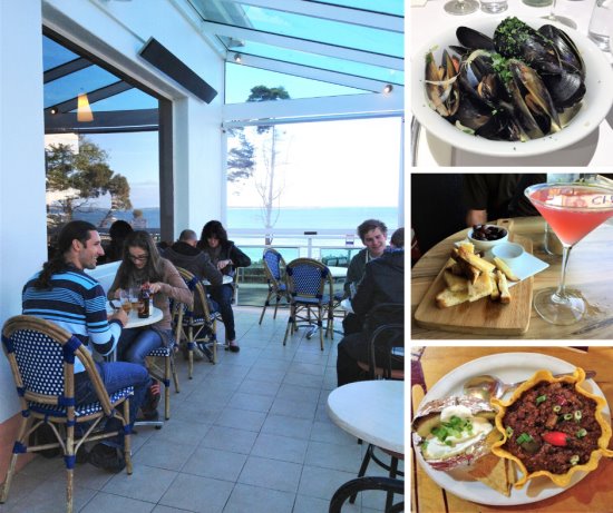 Collage of photos showing al fresco dining and various dishes from Phillip Island restaurants.