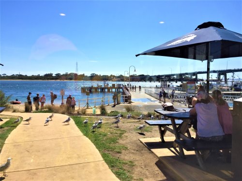 View from San Remo Co-op Fish 'n Chippery towards Phillip Island. View from San Remo Co-op over San Remo jetty towards Phillip Island.