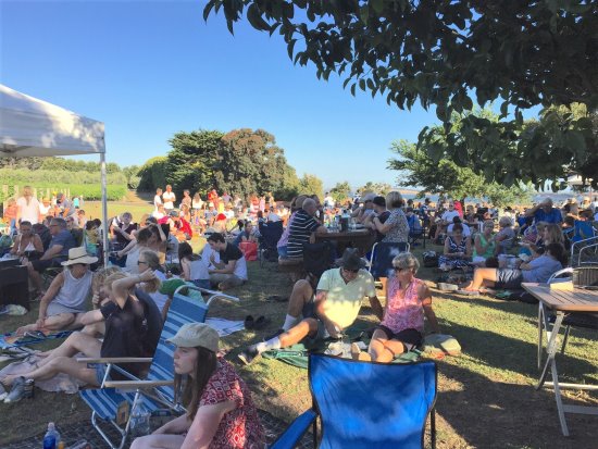 A crowd listens to live music at Purple Hen Winery, Phillip Island
